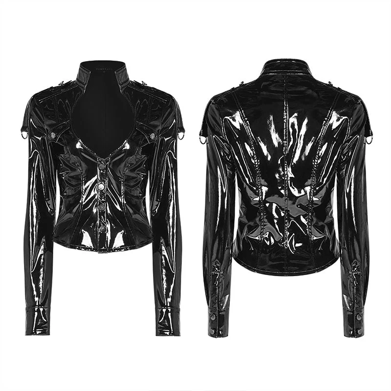 WY-1043 Punk V-neck Slimming Brian PU Shirt For Women - Image 5