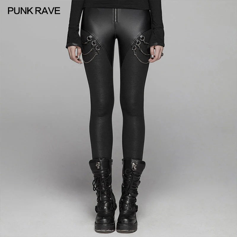 WK-375 PUNK Women PU Leather Leggings Crack Velvet Tight Pants With Detachable Metal Chain - Image 3