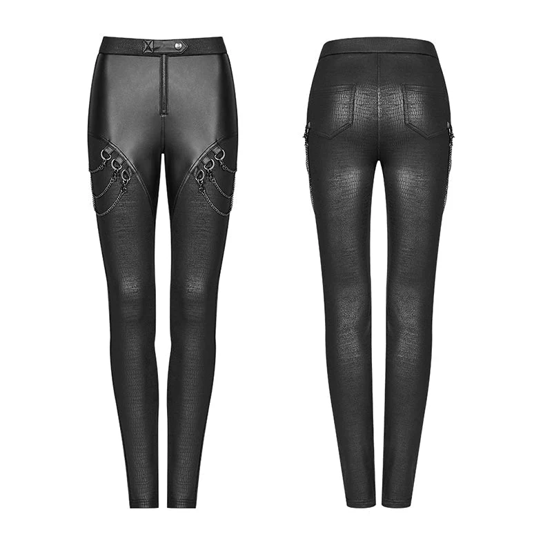WK-375 PUNK Women PU Leather Leggings Crack Velvet Tight Pants With Detachable Metal Chain - Image 4