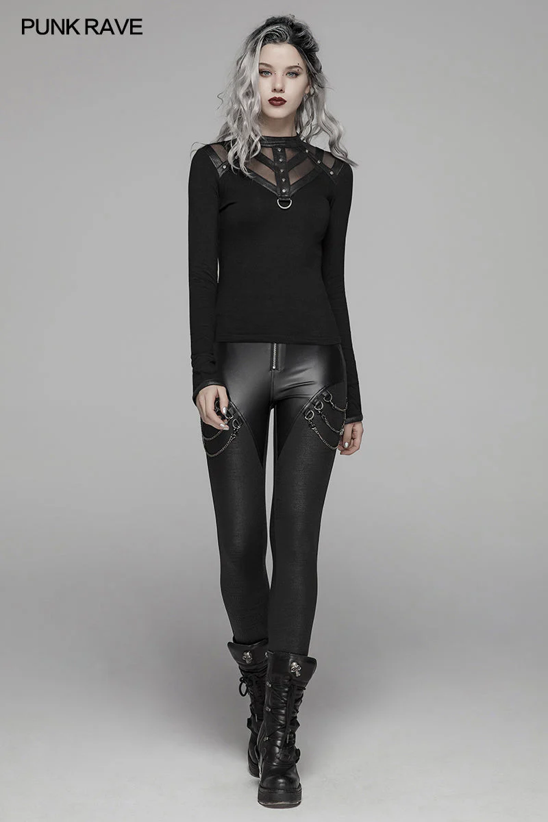 WK-375 PUNK Women PU Leather Leggings Crack Velvet Tight Pants With Detachable Metal Chain - Image 6