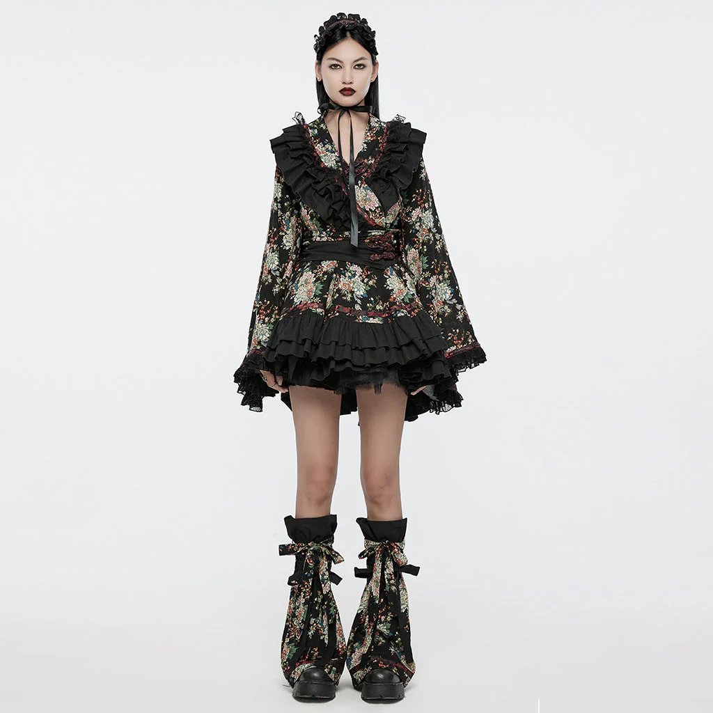 Q-114 floral Frilled Gothic Dress with Ribbon Accents and Layered Skirt