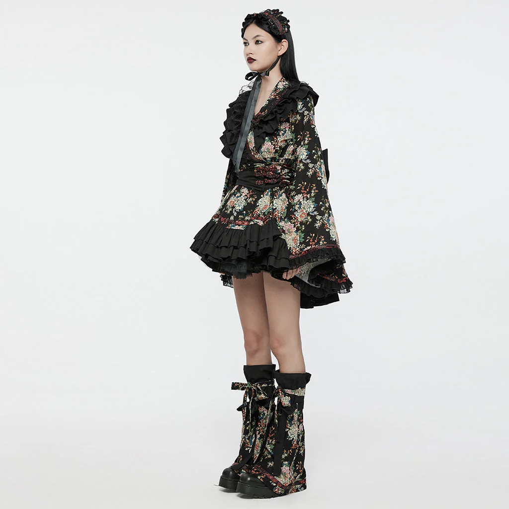 Q-114 floral Frilled Gothic Dress with Ribbon Accents and Layered Skirt - Image 13