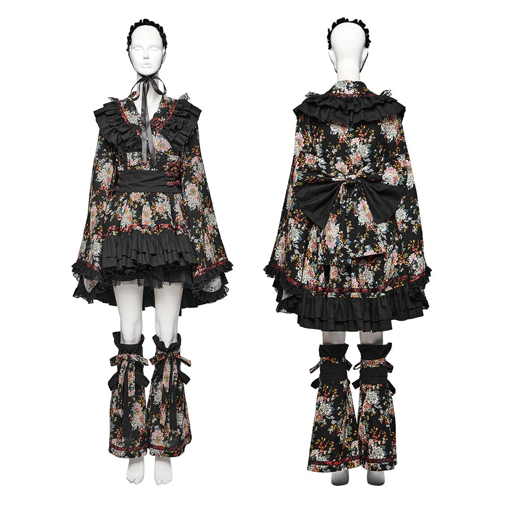 Q-114 floral Frilled Gothic Dress with Ribbon Accents and Layered Skirt - Image 6