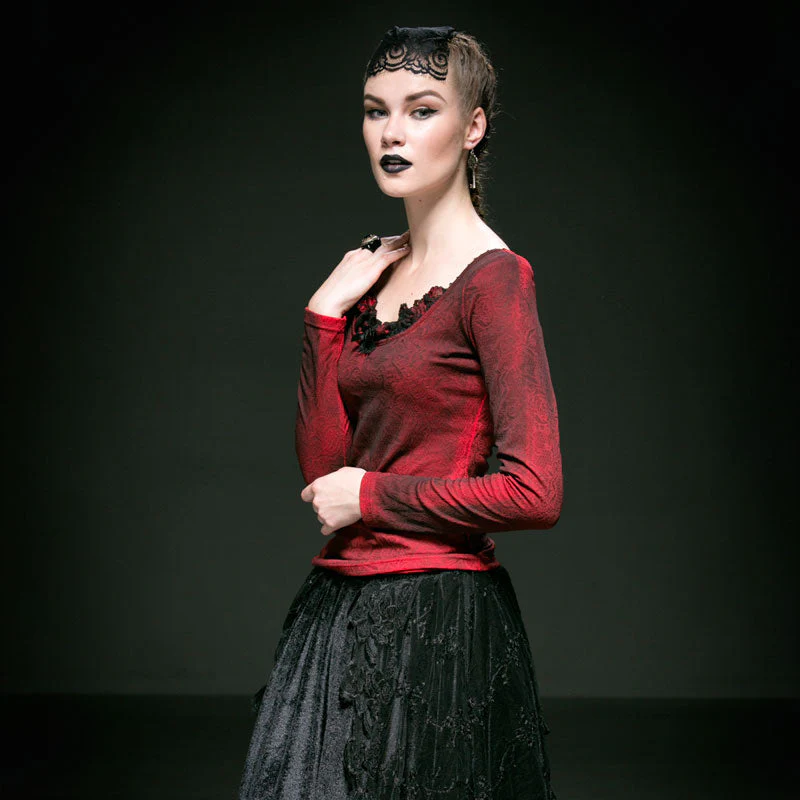 T-371 Red Big Collar Long Sleeve With Lace Gothic Shirt - Image 4