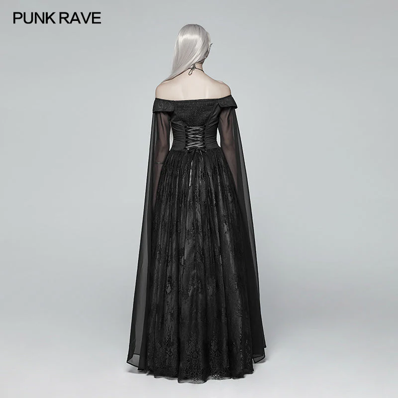 WQ-383 Retro And Elegant Dark Gothic Off Shoulder Victoria Long Lace Dress - Image 3