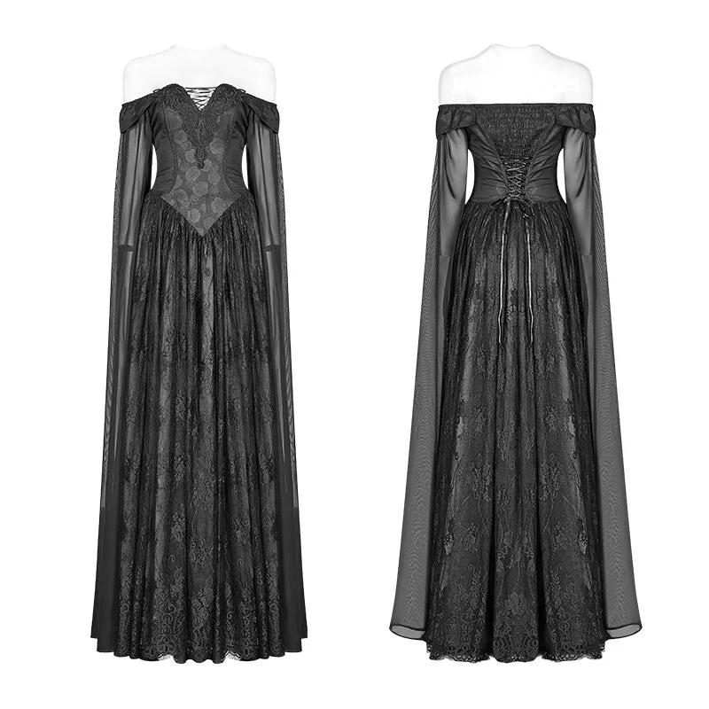 WQ-383 Retro And Elegant Dark Gothic Off Shoulder Victoria Long Lace Dress - Image 4