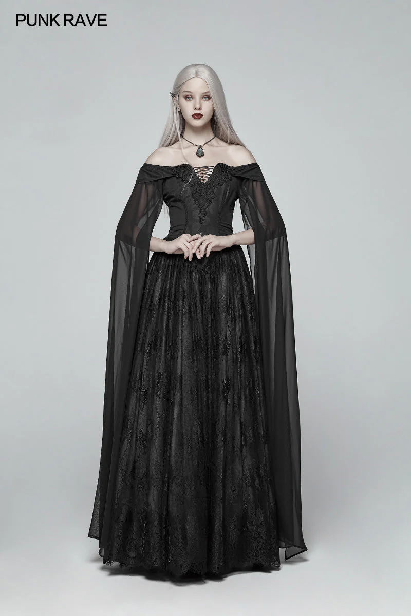 WQ-383 Retro And Elegant Dark Gothic Off Shoulder Victoria Long Lace Dress - Image 6