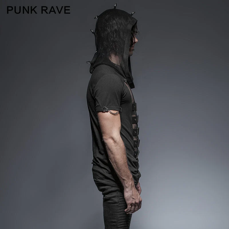 T-425 Hooded Rock Transparent Mesh Punk Shirts - Image 2