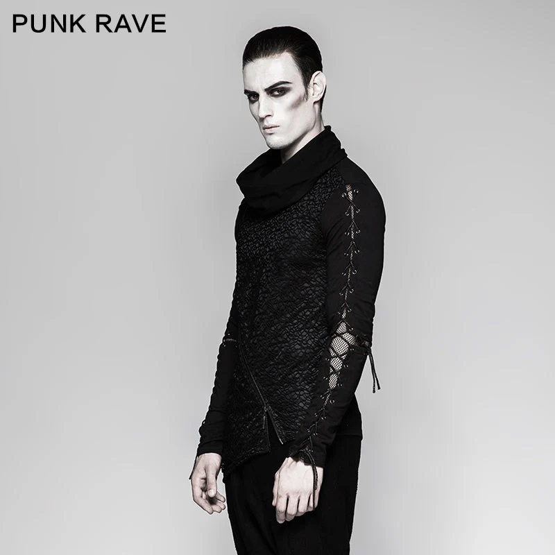T-472 Rock Zipper High Collar Drawstring Long Sleeve Punk T-shirts - Image 2
