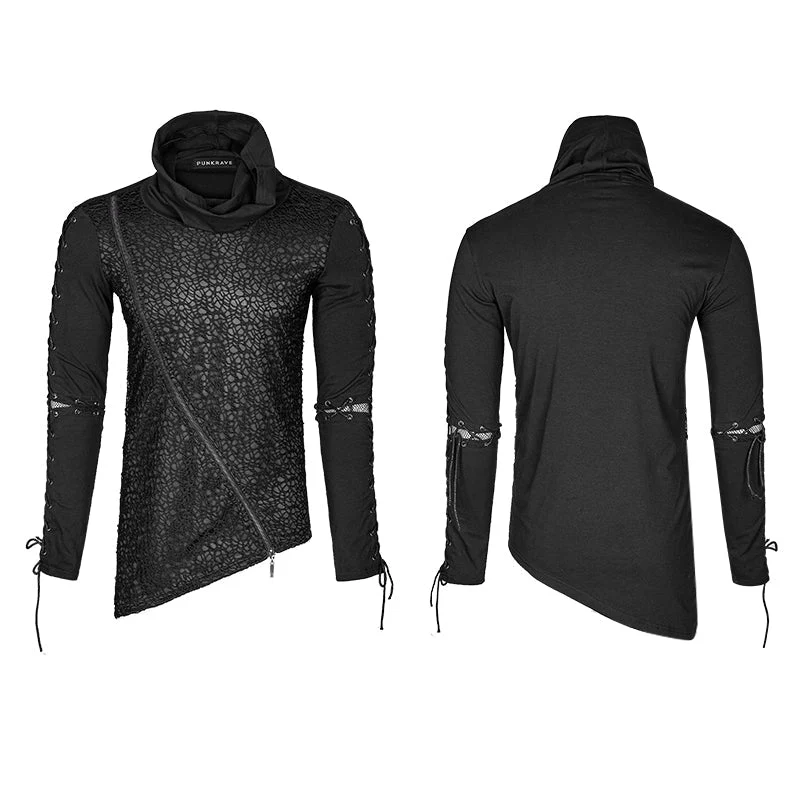 T-472 Rock Zipper High Collar Drawstring Long Sleeve Punk T-shirts - Image 4