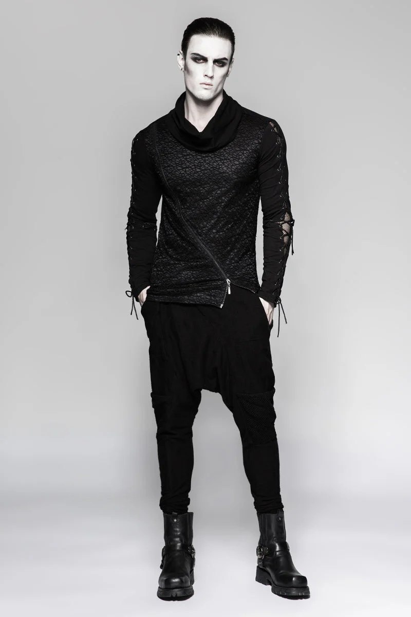 T-472 Rock Zipper High Collar Drawstring Long Sleeve Punk T-shirts - Image 6