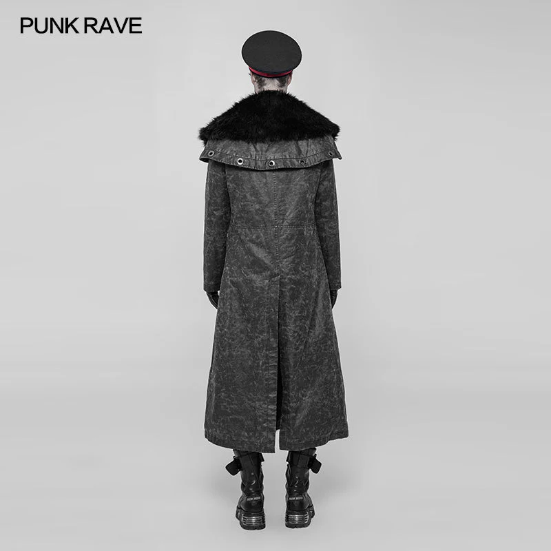 WY-920 Royal Alliance Warlord Punk Mottled Textures Thick Long Coat With Removable Faux Fur Collar - Image 3