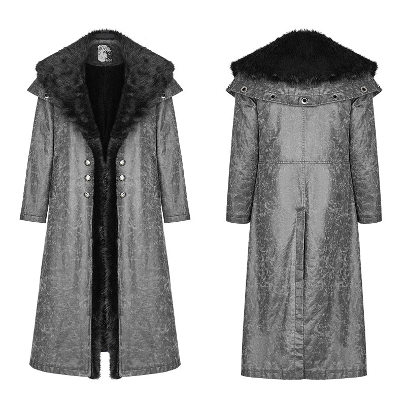 WY-920 Royal Alliance Warlord Punk Mottled Textures Thick Long Coat With Removable Faux Fur Collar - Image 4