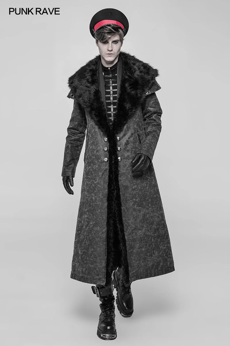 WY-920 Royal Alliance Warlord Punk Mottled Textures Thick Long Coat With Removable Faux Fur Collar - Image 6