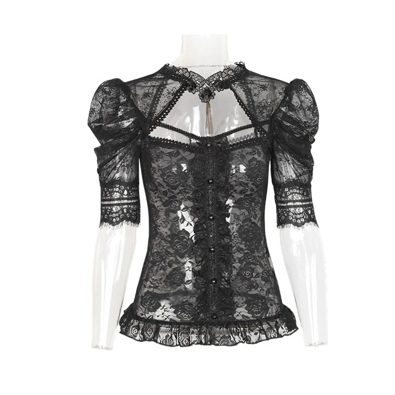 T-395 Semi Transparent Fashion Brand Lace Short Gothic Shirt - Image 4