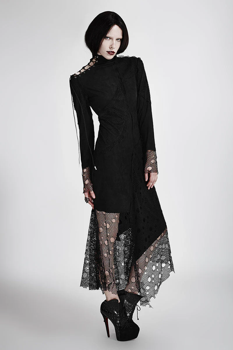 Q-294 Sexy Asymmetrical Mesh High Neck Punk Dress Stitching With Fake Suede Fabric - Image 6