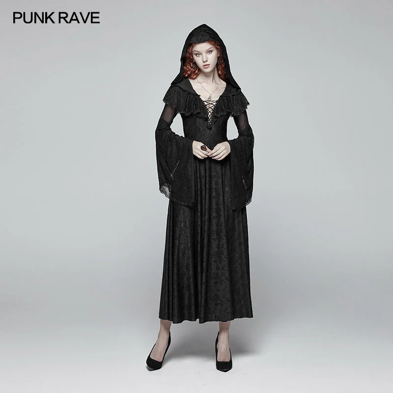 WQ-401 Sexy Goth Lace-up V Neck Long Sleeves Long Dress