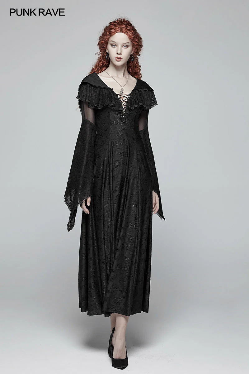 WQ-401 Sexy Goth Lace-up V Neck Long Sleeves Long Dress - Image 6