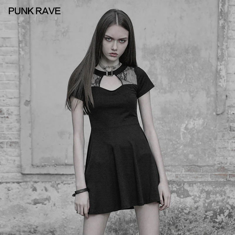 OPQ-384 Sexy Hollow Out Lace Stitching Knit Gothic Dress With Buckle Collar Design