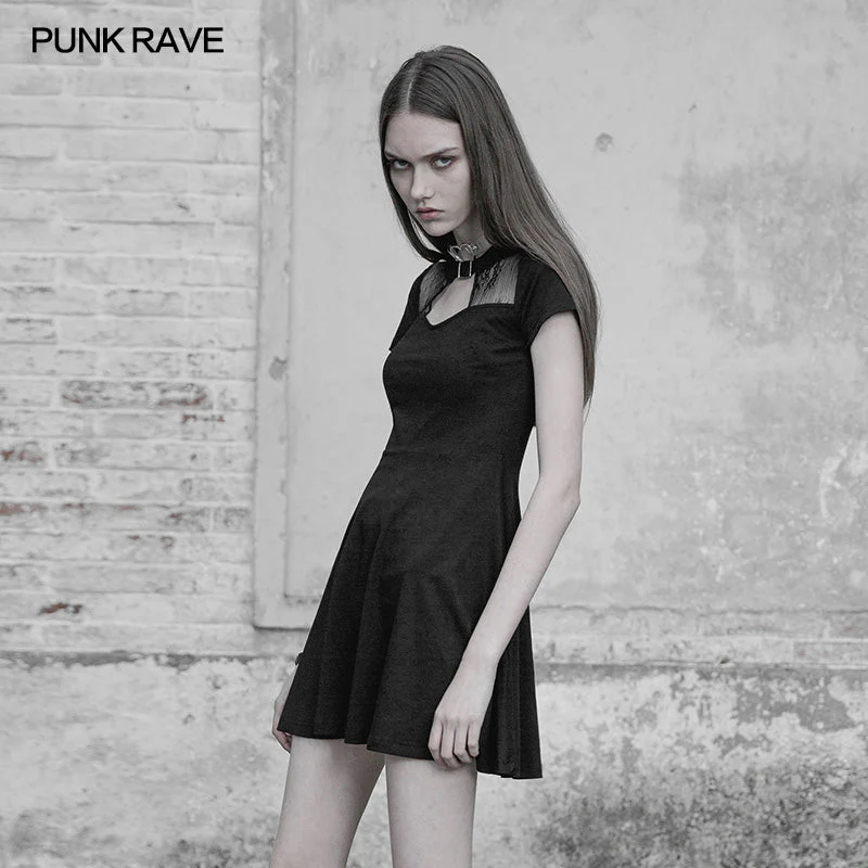 OPQ-384 Sexy Hollow Out Lace Stitching Knit Gothic Dress With Buckle Collar Design - Image 2