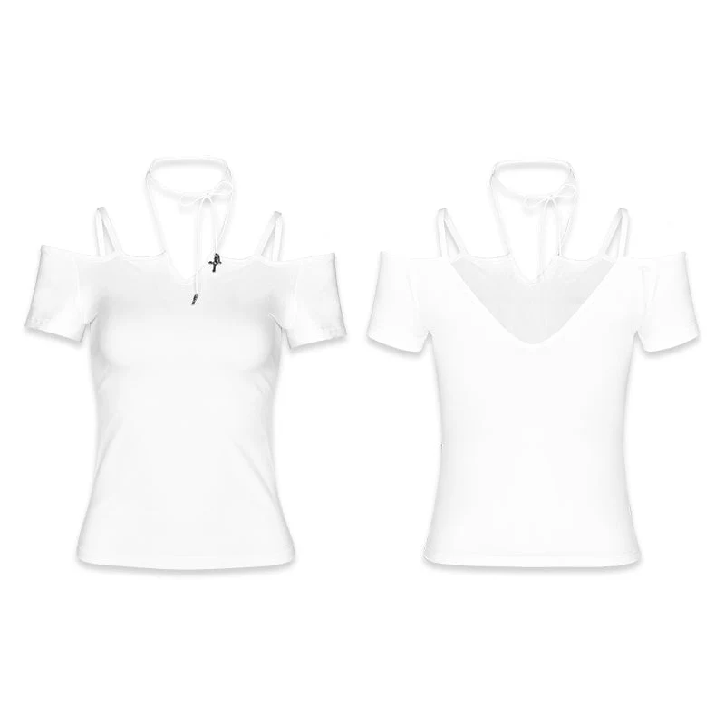 OPT-145 Sexy Off The Shoulder Slim Gothic T-shirt Tie Rope Necklace Top - Image 10