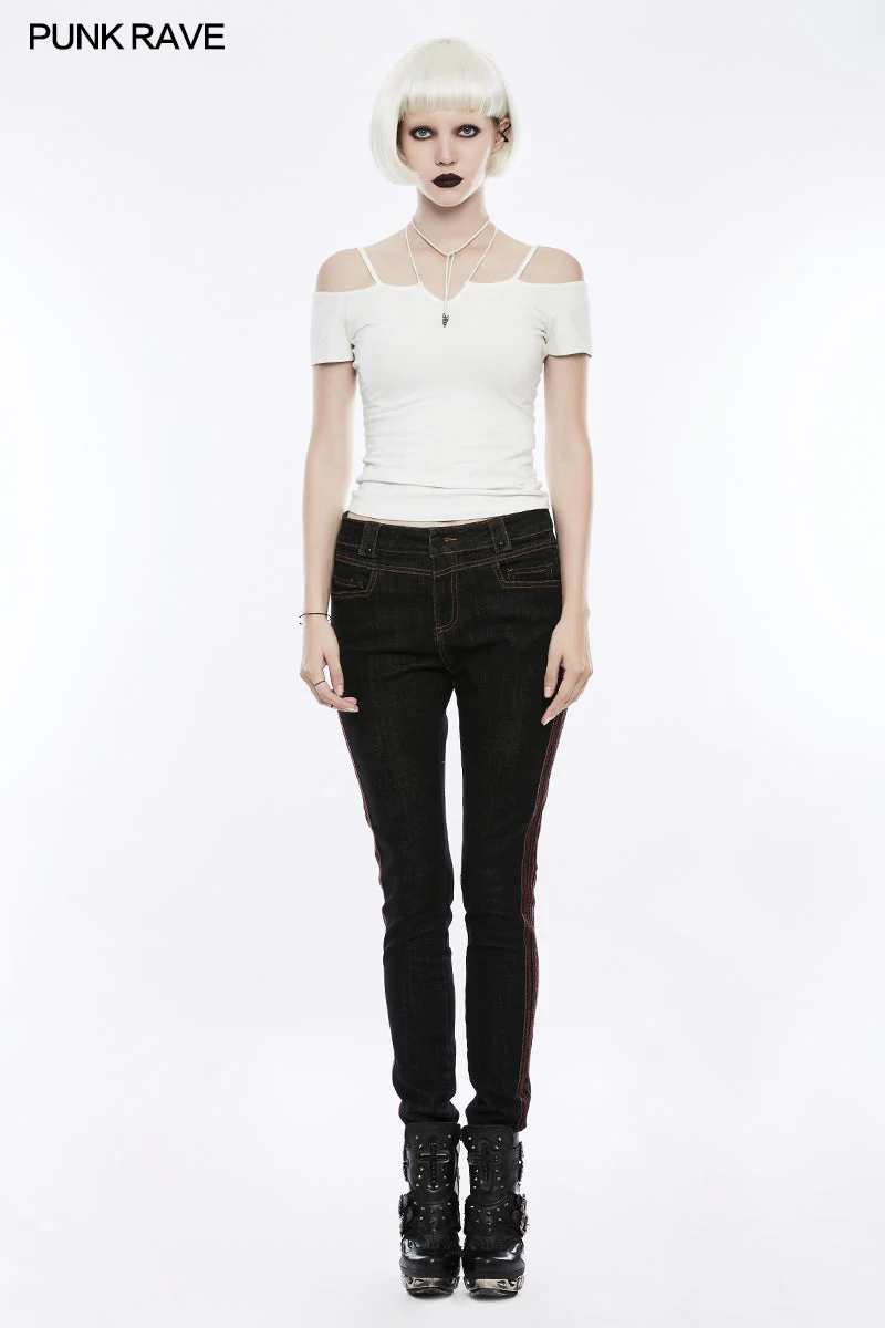 OPT-145 Sexy Off The Shoulder Slim Gothic T-shirt Tie Rope Necklace Top - Image 12
