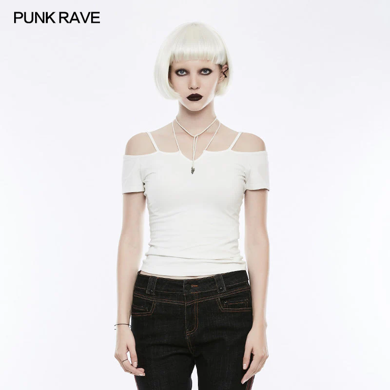 OPT-145 Sexy Off The Shoulder Slim Gothic T-shirt Tie Rope Necklace Top - Image 7