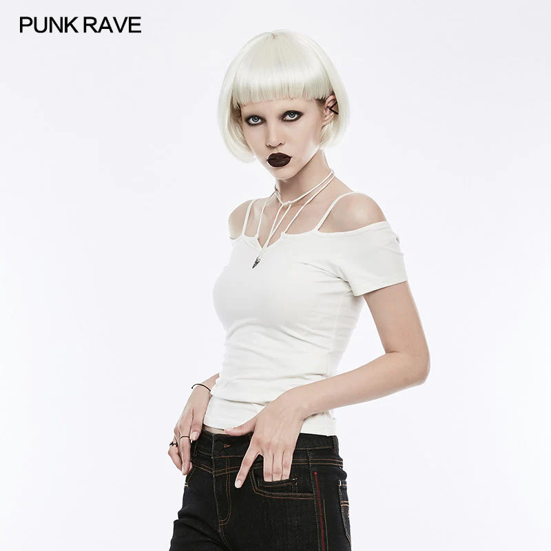 OPT-145 Sexy Off The Shoulder Slim Gothic T-shirt Tie Rope Necklace Top - Image 8