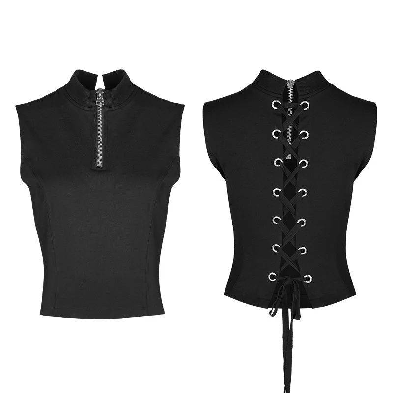 OPT-168 Sexy Sleeveless Zipper Punk T-shirt With Wearing Rope Design - Image 4