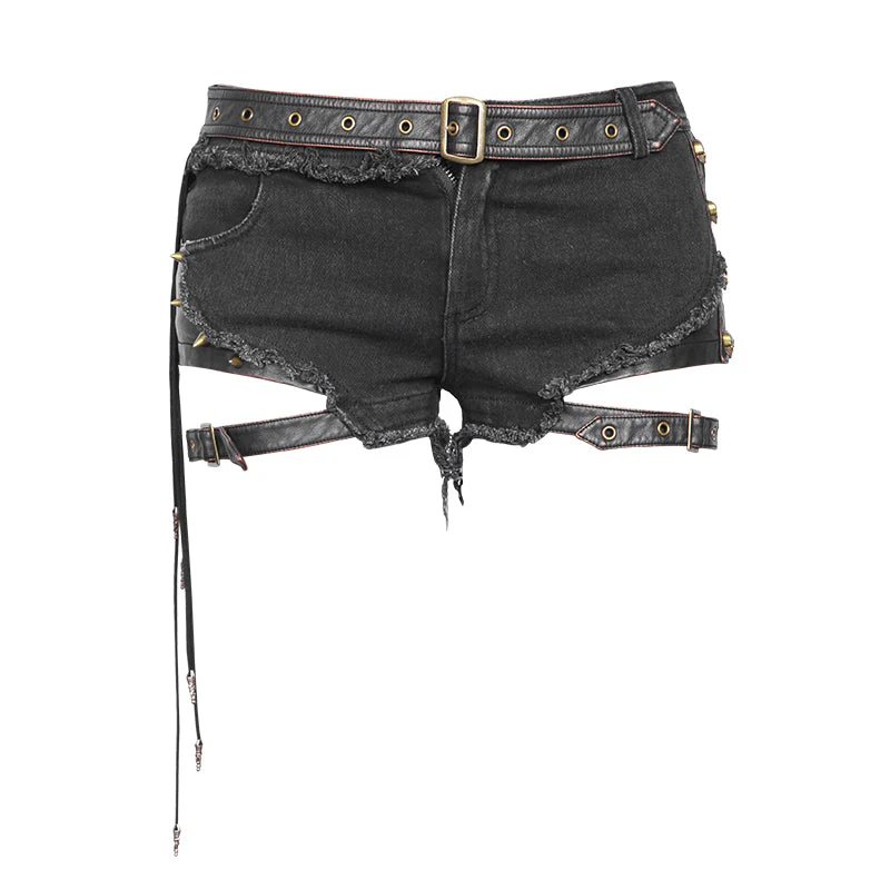 K-211 Sexy Splicing Bronze Hand-rub Leather Twill Material Short Punk Pants - Image 4