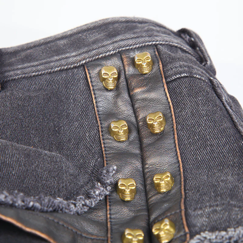 K-211 Sexy Splicing Bronze Hand-rub Leather Twill Material Short Punk Pants - Image 5