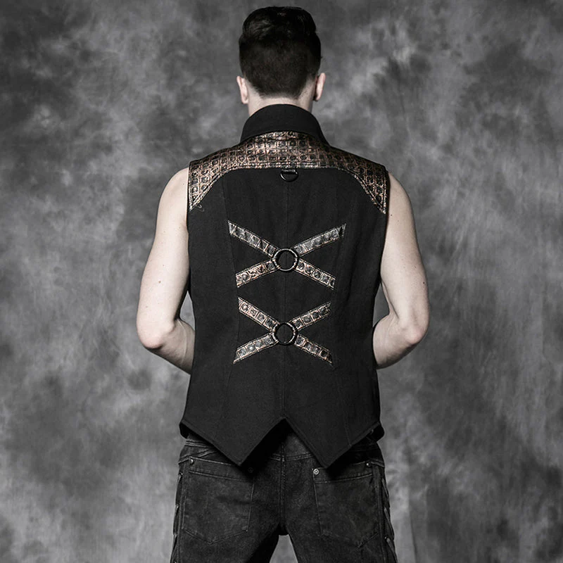Y-503 Short Fitted Standing Collar Punk Vest With The Gold Grid-stripe - Image 2