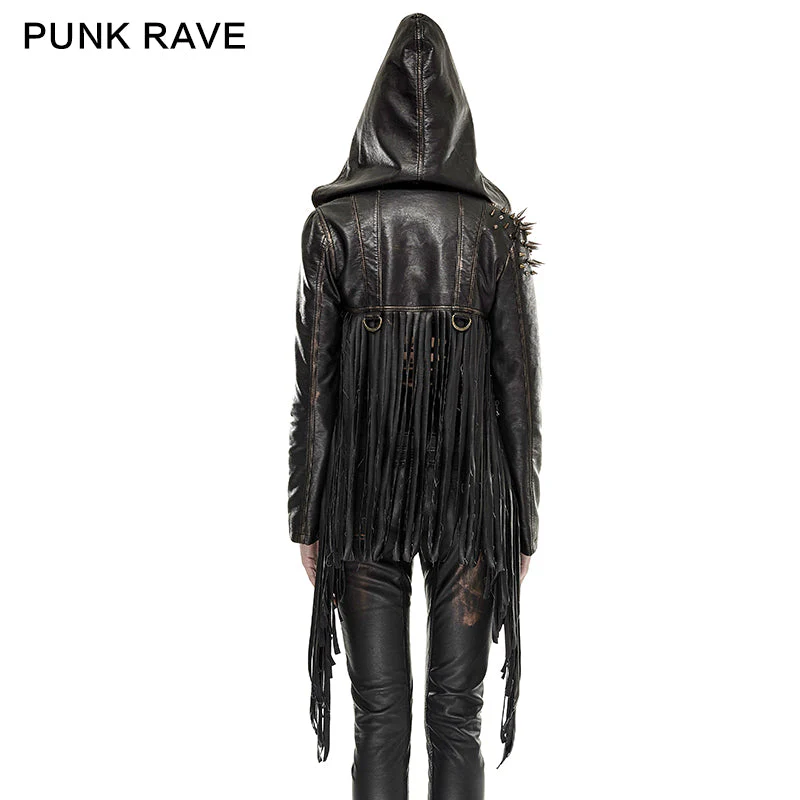 Y-667 Short Leather Tassel Rivets Gothic Jackets With Hood - Image 2