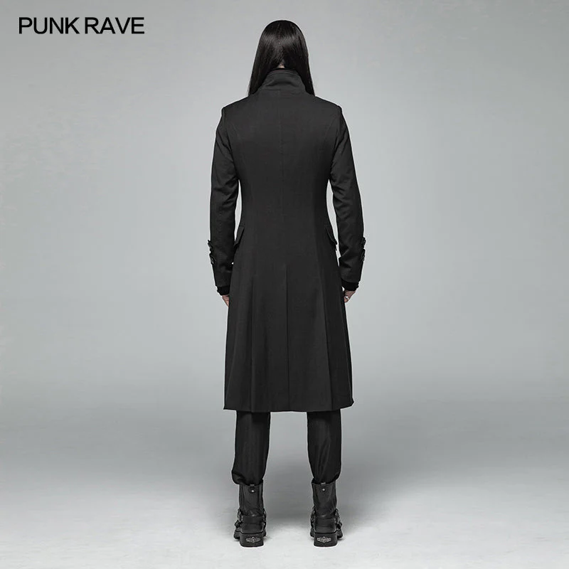 WY-1021 Simple Men Gothic Mid-length Jacket Standing Collar Coat - Image 3