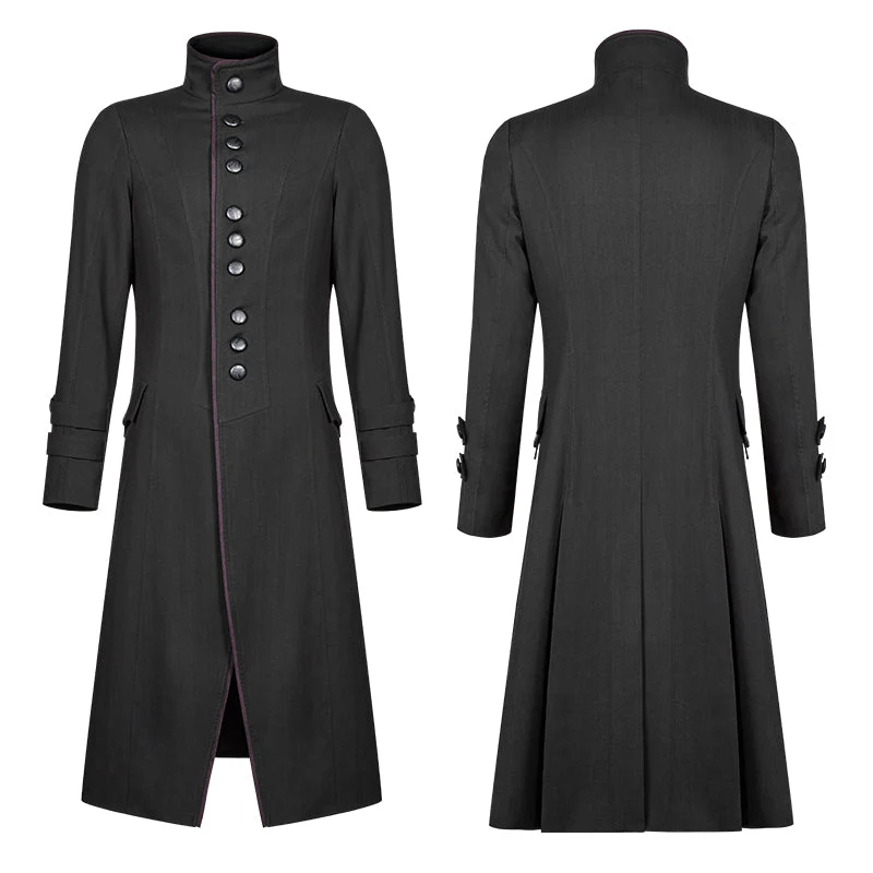 WY-1021 Simple Men Gothic Mid-length Jacket Standing Collar Coat - Image 4