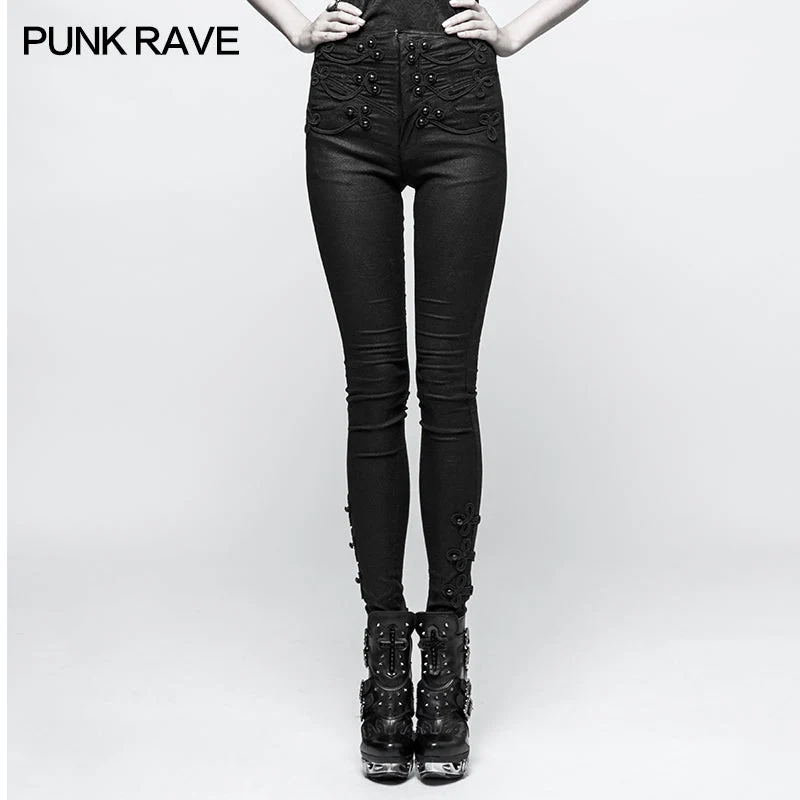 K-290 Skinny Jacquard Woven Elastic Gothic Pants With Disc Flowers Buttons