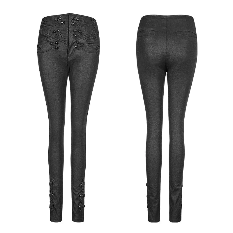 K-290 Skinny Jacquard Woven Elastic Gothic Pants With Disc Flowers Buttons - Image 4
