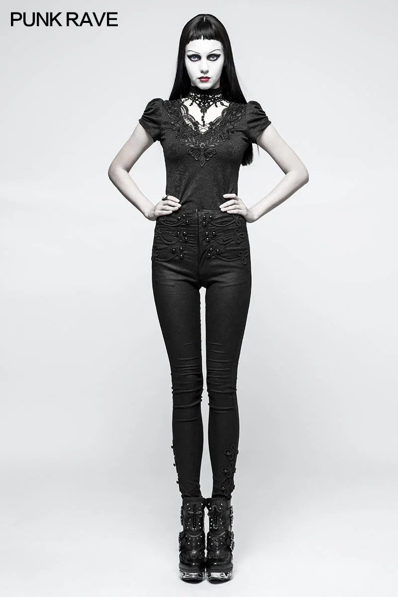 K-290 Skinny Jacquard Woven Elastic Gothic Pants With Disc Flowers Buttons - Image 6