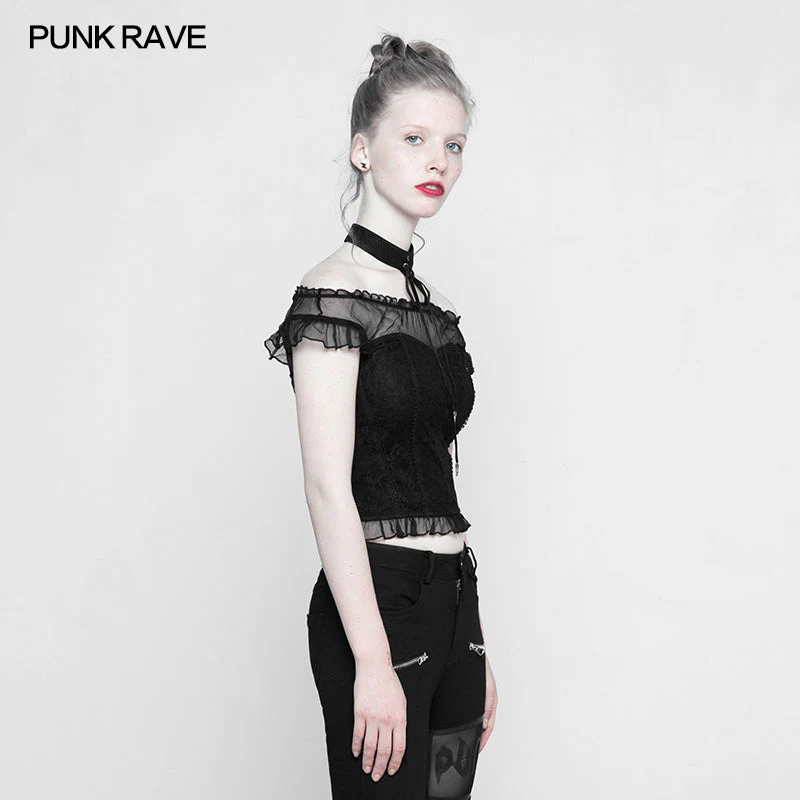 OPT-221 Soft Lace Imitate Silk Wrinkled Stitching Off Shoulder Tops Gothic T-shirt For Women - Image 2