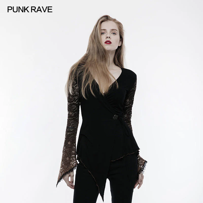 OT-498 Soft Modal And Lace Fabric Gothic T-shirt Women Blouse - Image 6