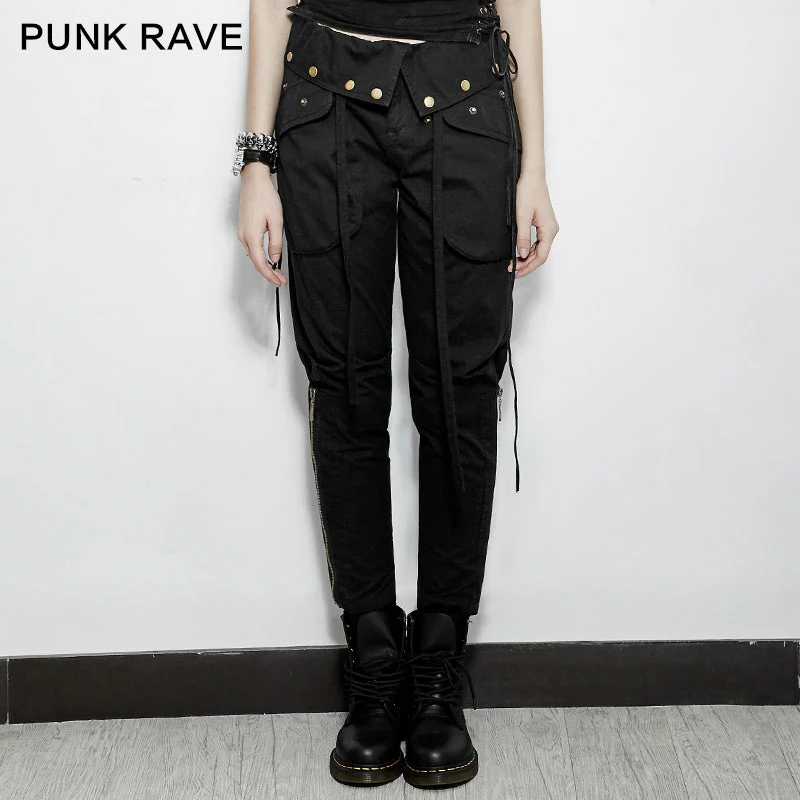 PK-090 Solid Long Length Elastic Waist Punk Pants With Zipper Dressed