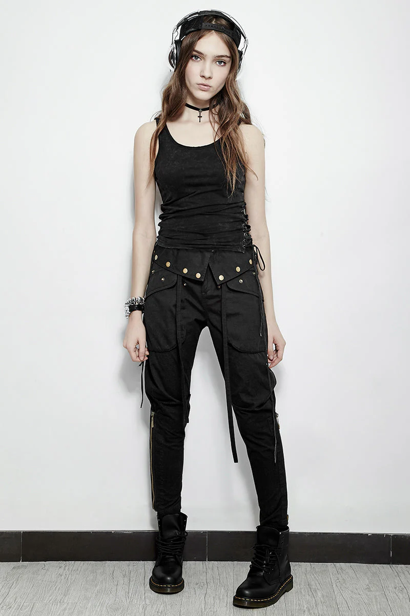 PK-090 Solid Long Length Elastic Waist Punk Pants With Zipper Dressed - Image 6