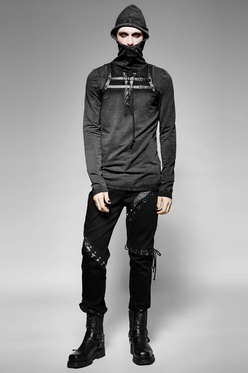 T-442 Steampunk 2 Colors Leather Loop Stylish Punk Shirts With Plain Hooded - Image 11