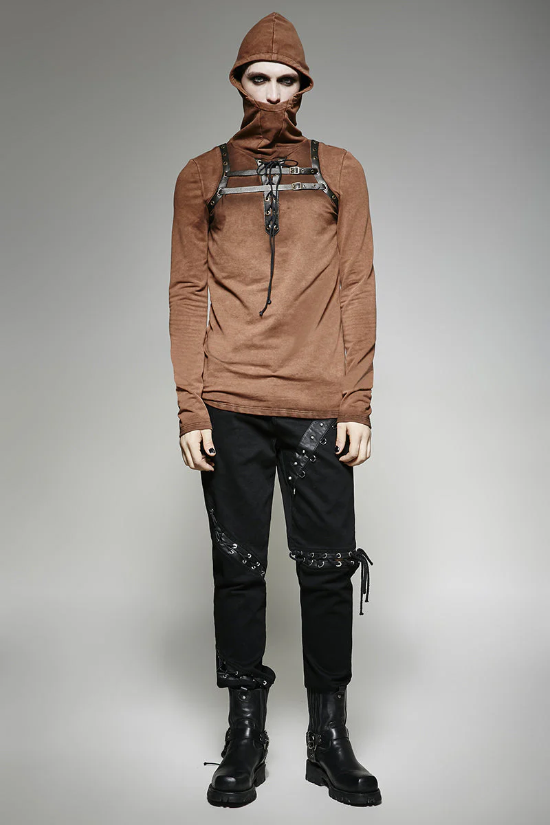 T-442 Steampunk 2 Colors Leather Loop Stylish Punk Shirts With Plain Hooded - Image 12