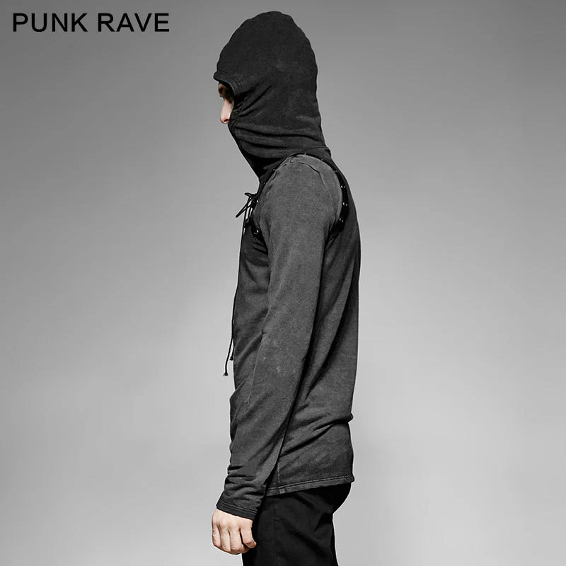 T-442 Steampunk 2 Colors Leather Loop Stylish Punk Shirts With Plain Hooded - Image 2