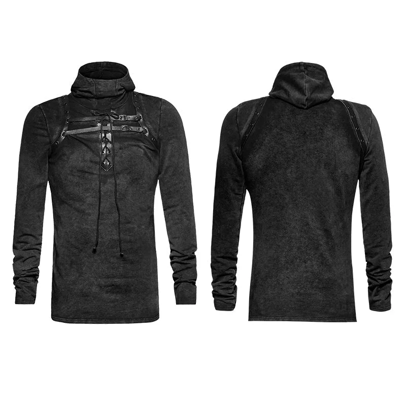 T-442 Steampunk 2 Colors Leather Loop Stylish Punk Shirts With Plain Hooded - Image 4