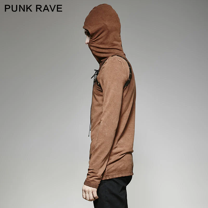 T-442 Steampunk 2 Colors Leather Loop Stylish Punk Shirts With Plain Hooded - Image 7