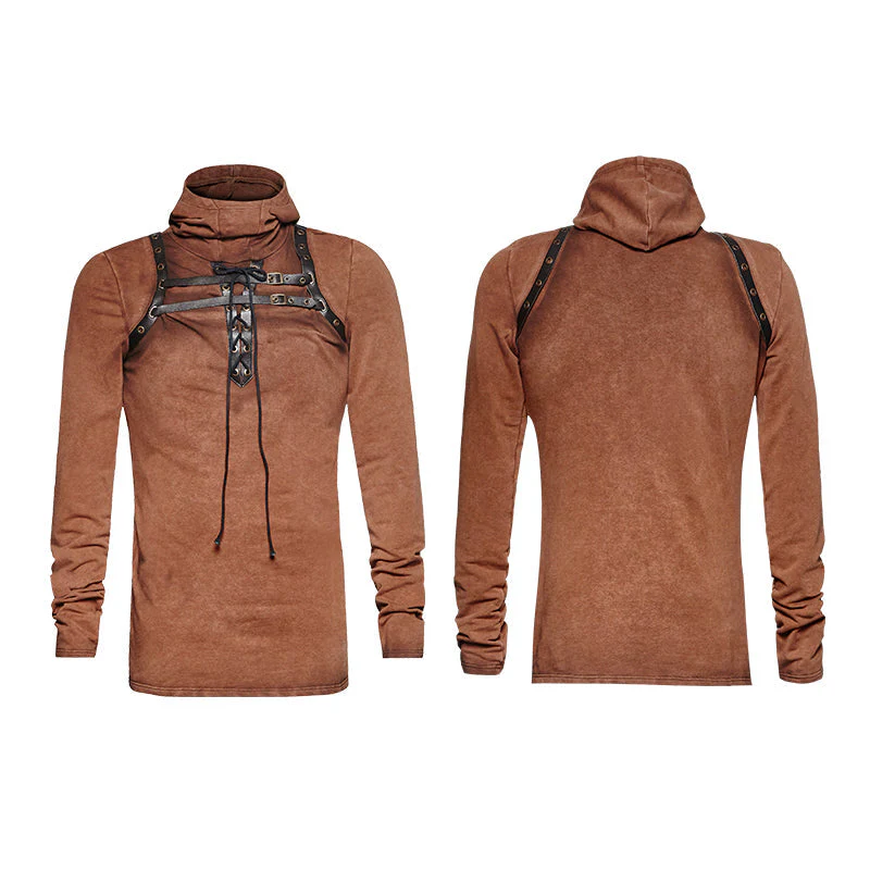 T-442 Steampunk 2 Colors Leather Loop Stylish Punk Shirts With Plain Hooded - Image 9