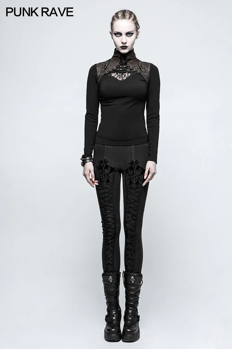 T-476 Steampunk Anti-straps Long Sleeve Punk T-shirts With High Neck Collar - Image 11