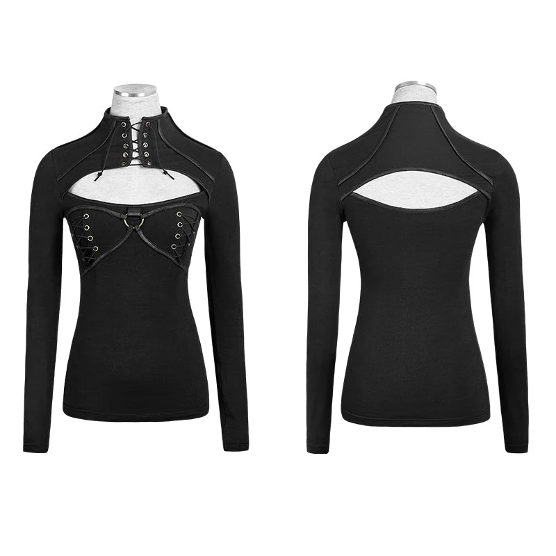 T-437 Steampunk black Casual Close-fitting Hollow Striped Punk Shirts - Image 4